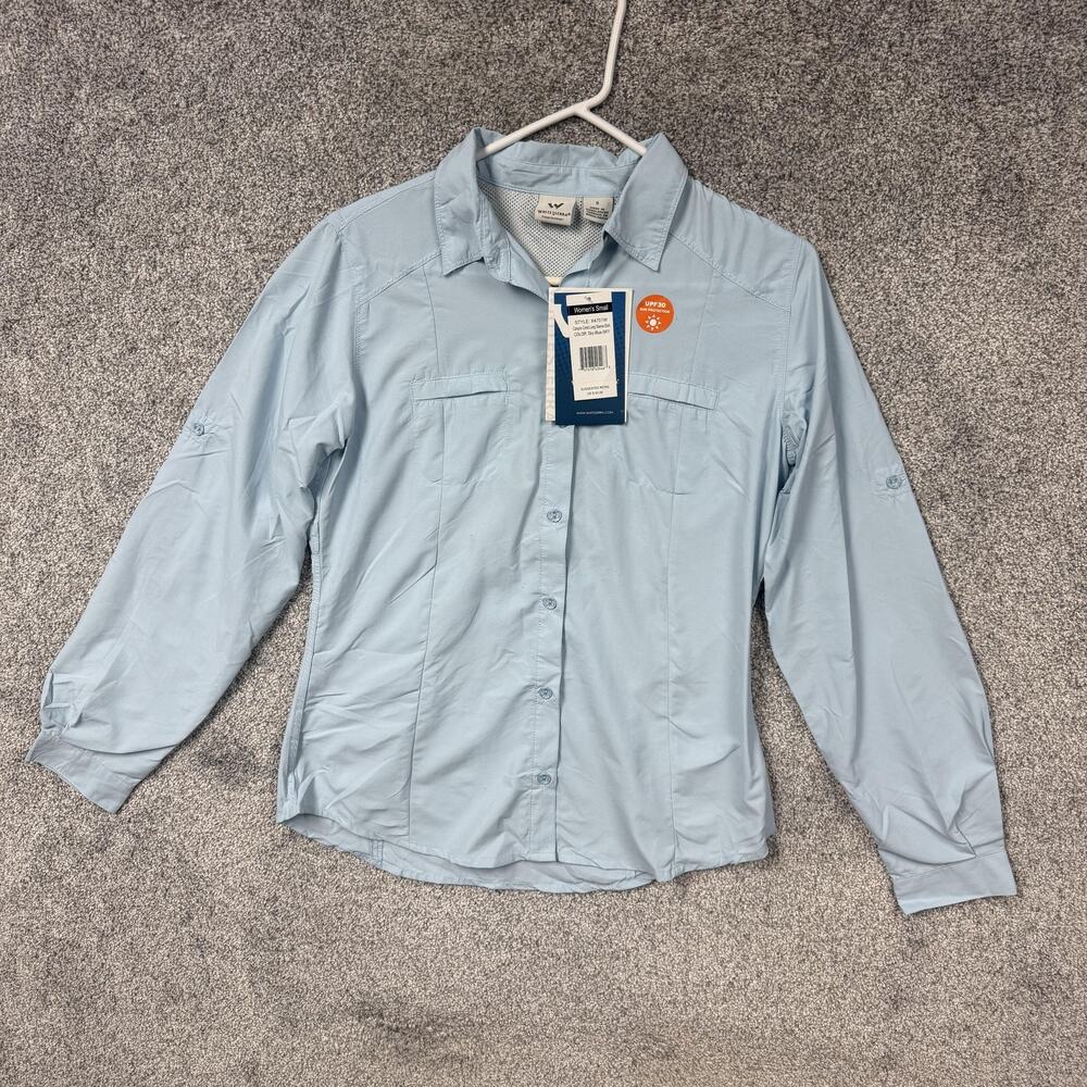 White Sierra Button Up Shirt Small Sky Blue Hiking UPF 30 Outdoor Travel Fishing